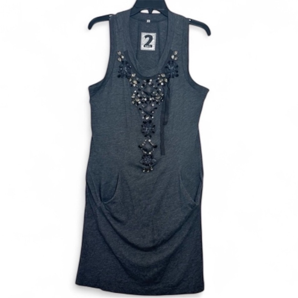 Gray Sleeveless Beaded Mini Dress with 2 Front Pockets - Picture 12 of 12